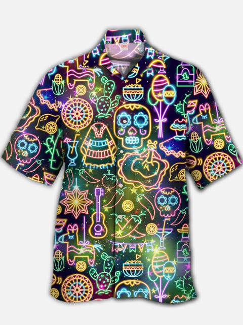 Eye-Catching Cinco De Mayo Neon Mexican Skull And Chili Peppers Printing Cuban Collar Hawaiian Short Sleeve Shirt