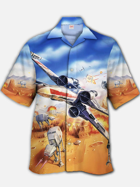 Eye-Catching Cartoon Sci-Fi Style Space War Fighters And Armed Walkers Printing Cuban Collar Hawaiian Short Sleeve Shirt