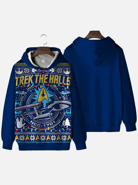 Blue Interstellar Spaceship Ugly Christmas Printing Hooded Sweatshirt