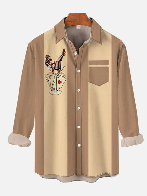 Retro Khaki Striped And Sexy Girl With Champagne Glass Printing Breast Pocket Long Sleeve Shirt