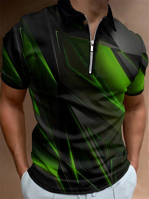 2D Abstract Metallic Gradient Green Printing Short Sleeve Polo