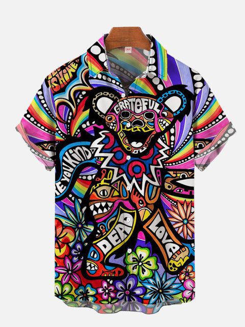 Psychedelic Hippie Colorful Pop Art Teddy Bear Printing Short Sleeve Shirt