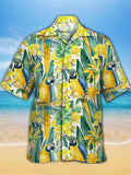 Eye-Catching Paradise Parrots And Yellow Tropical Flowers Printing Cuban Collar Hawaiian Short Sleeve Shirt