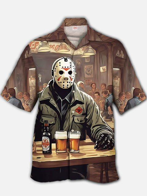 Eye-Catching Retro Bar Horror Character Drinking Beer Printing Cuban Collar Hawaiian Short Sleeve Shirt