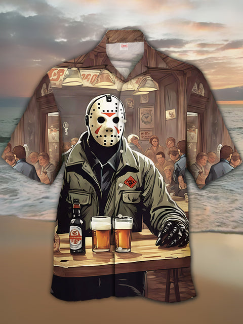 Eye-Catching Retro Bar Horror Character Drinking Beer Printing Cuban Collar Hawaiian Short Sleeve Shirt