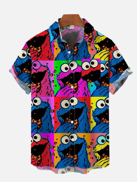 Cartoon Colorful Color Block Plush Cookie Monster Printing Breast Pocket Short Sleeve Shirt