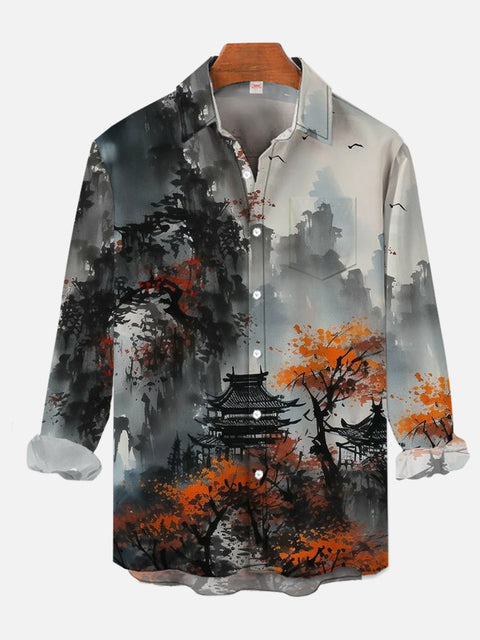 Mysterious Oriental Watercolor Landscape Ink Painting Ancient Buildings And Mountains Printing Breast Pocket Long Sleeve Shirt