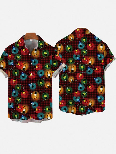 Colorful Christmas Festive String Lights On Vintage Red Plaid Background Printing Short Sleeve Shirt