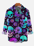 Neon Psychedelic Skulls And Roses Printing Breast Pocket Long Sleeve Shirt
