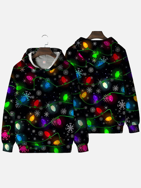 Christmas Colorful String Of Lights And Snowflakes On Black Printing Hooded Sweatshirt