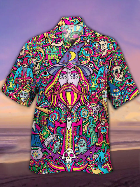Eye-Catching Rainbow Psychedelic Wizard Art Painting Printing Cuban Collar Hawaiian Short Sleeve Shirt