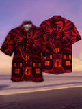 Eye-Catching Red Horror Character And Burning House Printing Cuban Collar Hawaiian Short Sleeve Shirt