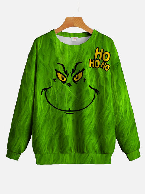 Green Furry Christmas Monster HO HO HO Cartoon Costume Printing Round Collar Sweatshirt