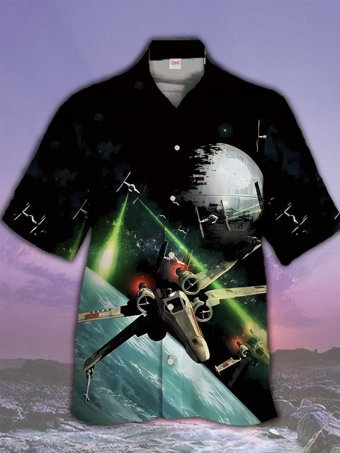 Eye-Catching Alien Planets And Sci-Fi Drones Printing Cuban Collar Hawaiian Short Sleeve Shirt