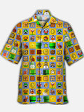 Eye-Catching Colorful Checkered Cartoon Pipe Mushroom Game Element Printing Cuban Collar Hawaiian Short Sleeve Shirt