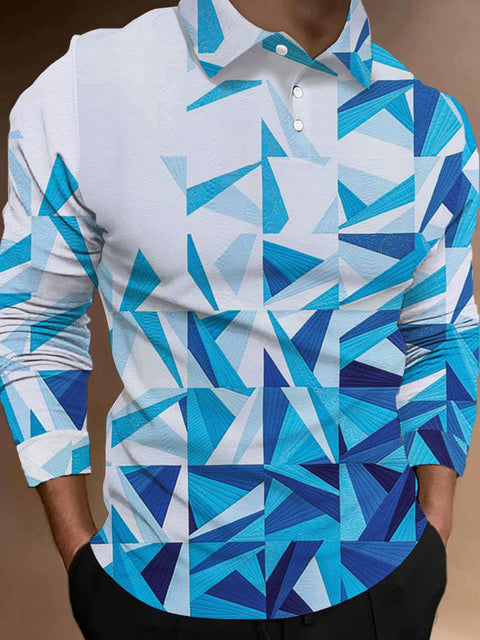 Blue Polygonal Geometric Art Printing Long Sleeve Polo