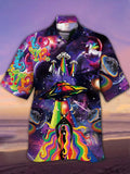 Eye-Catching Psychedelic Hippie Galaxy Space Girl With Long Hair And Aliens Printing Cuban Collar Hawaiian Short Sleeve Shirt