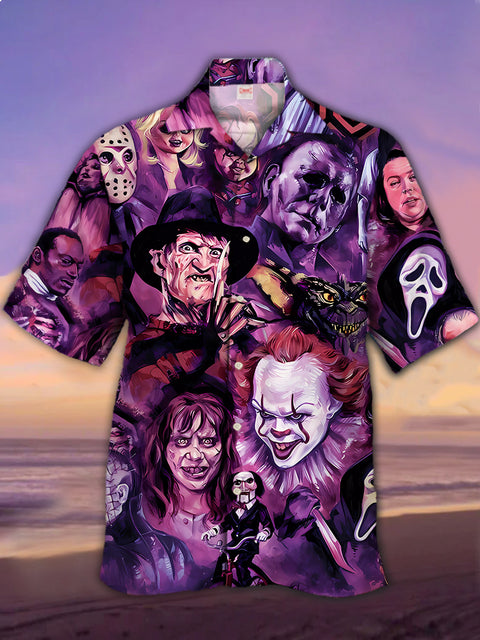 Eye-Catching Psychedelic Purple Horror Characters Poster Printing Cuban Collar Hawaiian Short Sleeve Shirt