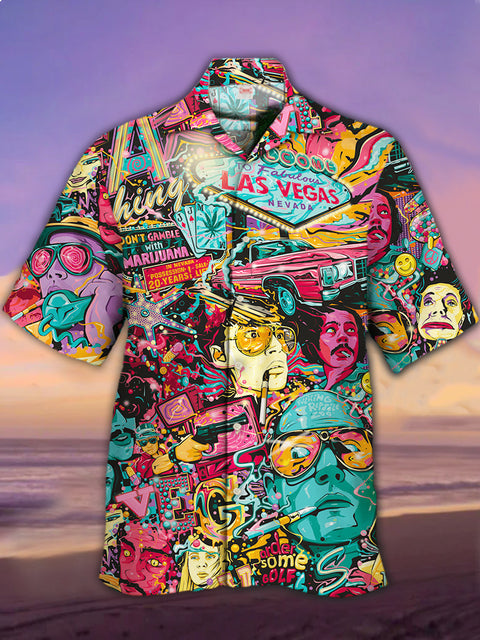 Eye-Catching Vintage Fun Las Vegas Urban Graffiti Printing Cuban Collar Hawaiian Short Sleeve Shirt