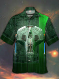 Eye-Catching Mystic Green Anatomy Spacecraft Printed Cuban Collar Hawaiian Short Sleeve Shirt