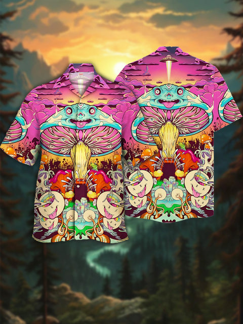 Eye-Catching Colorful Psychedelic Mushrooms Forest Mushrooms Party Printing Cuban Collar Hawaiian Short Sleeve Shirt