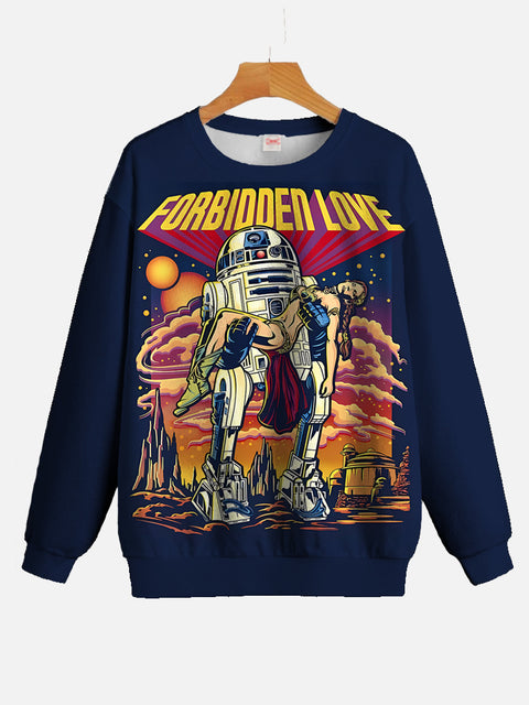 Space Wars Valentine's Day Robot's Forbidden Love Printing Round Collar Sweatshirt
