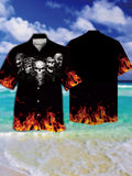 Eye-Catching Black Awesome Skull With Fire Printing Cuban Collar Hawaiian Short Sleeve Shirt