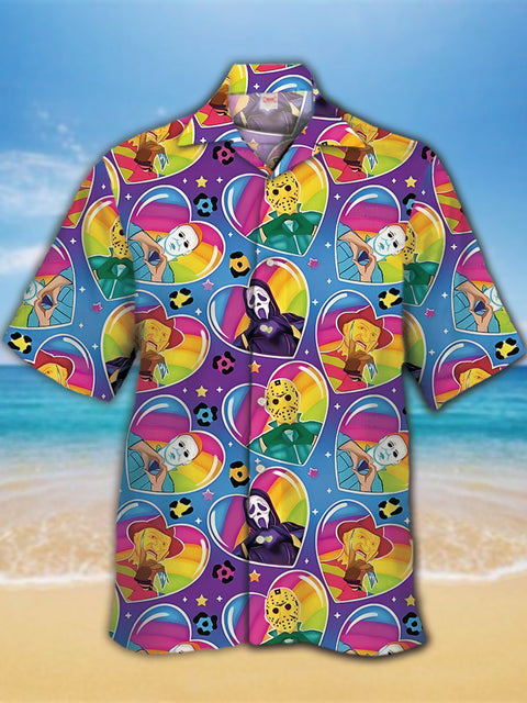 Eye-Catching Rainbow Heart Bubbles Horror Characters Printing Cuban Collar Hawaiian Short Sleeve Shirt