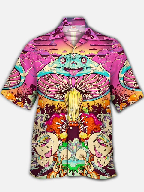 Eye-Catching Colorful Psychedelic Mushrooms Forest Mushrooms Party Printing Cuban Collar Hawaiian Short Sleeve Shirt