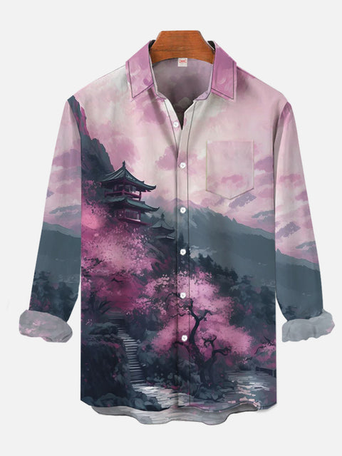 Ukiyoe Purple Paradise Ancient Pavilion Printing Breast Pocket Long Sleeve Shirt