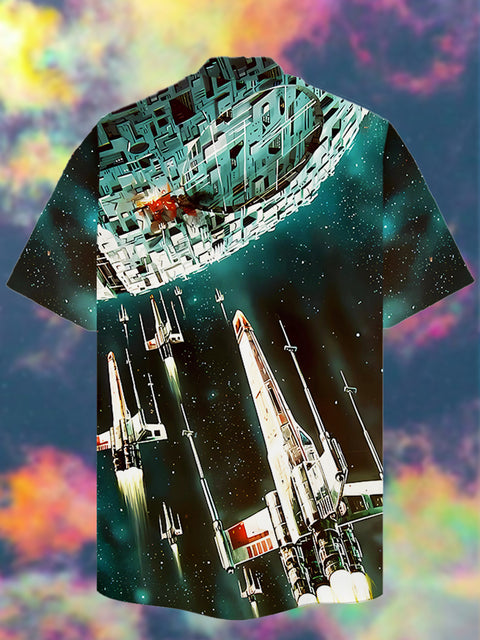 Eye-Catching Sci-Fi Cyan Outer Space Starry Sky And Starship Fleet Printing Cuban Collar Hawaiian Short Sleeve Shirt