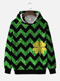 St. Patrick's Day Sparkling Green And Black Patchwork Four-Leaf Clover Printing Hooded Sweatshirt