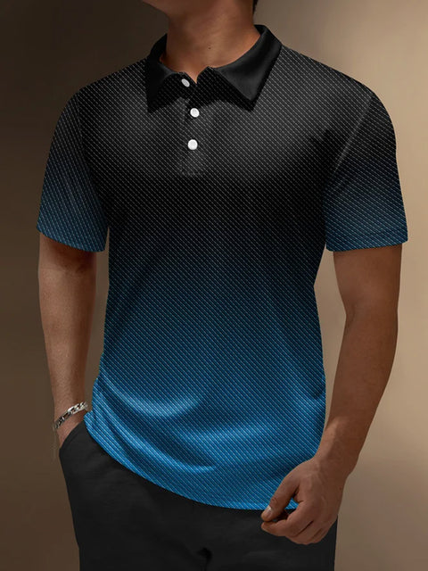 Black And Blue Gradient Printing Buttons Lapel Short Sleeve Polo