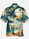 Eye-Catching Retro Poster Space War Armed Walkers And Sci-Fi Planet Printing Cuban Collar Hawaiian Short Sleeve Shirt