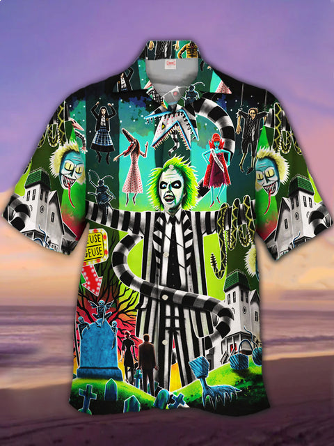 Eye-Catching Psychedelic Cartoon Horror Weirdo Printing Cuban Collar Hawaiian Short Sleeve Shirt