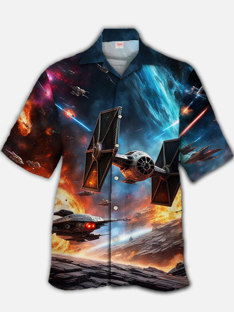 Eye-Catching Sci-Fi Cool Space War Spaceship Fleet Printing Cuban Collar Hawaiian Short Sleeve Shirt