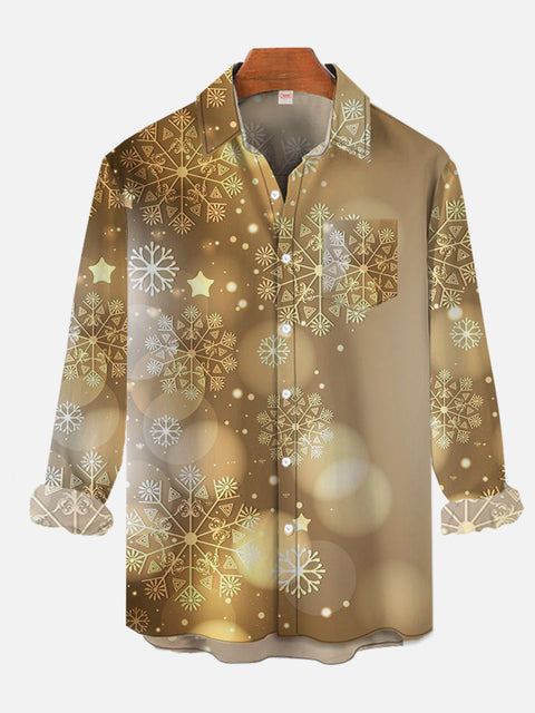 Christmas Party Gradient Golden Snowflakes And Glow Printing Breast Pocket Long Sleeve Shirt