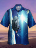 Eye-Catching Blue Outer Space Glowing Planet And Space Starship Printing Cuban Collar Hawaiian Short Sleeve Shirt