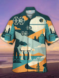 Eye-Catching Retro Poster Space War Armed Walkers And Sci-Fi Planet Printing Cuban Collar Hawaiian Short Sleeve Shirt