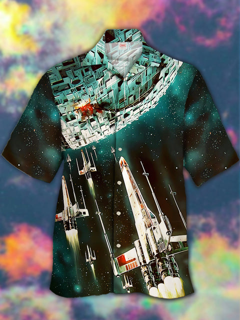 Eye-Catching Sci-Fi Cyan Outer Space Starry Sky And Starship Fleet Printing Cuban Collar Hawaiian Short Sleeve Shirt