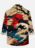 Japan Style Ukiyo-E Fantasy Ocean Art And Red Sun Printing Long Sleeve Shirt