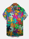 Hawaiian Colorful Jigsaw Printing Breast Pocket Short Sleeve Shirt