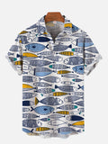 Blue Cartoon Hand-Painted Ethnic Fish Printing Short Sleeve Shirt