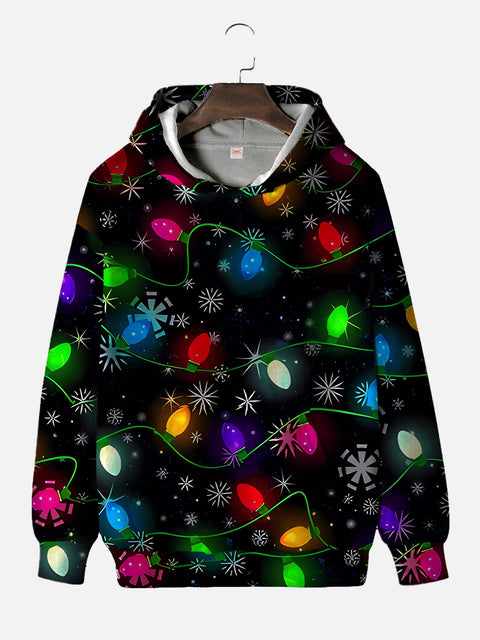 Christmas Colorful String Of Lights And Snowflakes On Black Printing Hooded Sweatshirt
