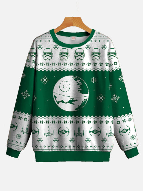 Green And White Space Planet Ugly Christmas Round Collar Sweatshirt