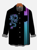 Vintage Black And Gradient Striped And Neon Dragon Totem Printing Breast Pocket Long Sleeve Shirt