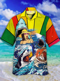 Eye-Catching Color-Blocking Style Shark And Beauty In The waves Printing Cuban Collar Hawaiian Short Sleeve Shirt