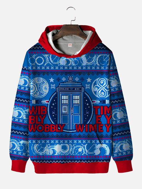 Blue And Red Contrasting Color Time Travel Box And Space Pattern Ugly Christmas Hooded Sweatshirt