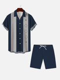 Vintage Style Linear Geometric Rhombus Pattern Printing Hawaiian Cuban Collar Short Sleeve Shirt Set