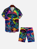 Psychedelic Hippie Magic Mushrooms Forest Printing Hawaiian Cuban Collar Short Sleeve Shirt Set